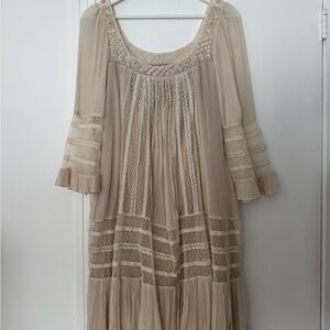 Twin-Set Beige Lace Long Sleeve Dress with pearls and sequins